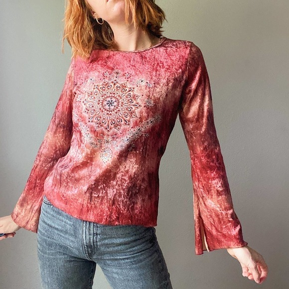 Vintage Y2K Beaded Sun Velvet Tie Dye Flare Sleeve Top - Picture 4 of 8